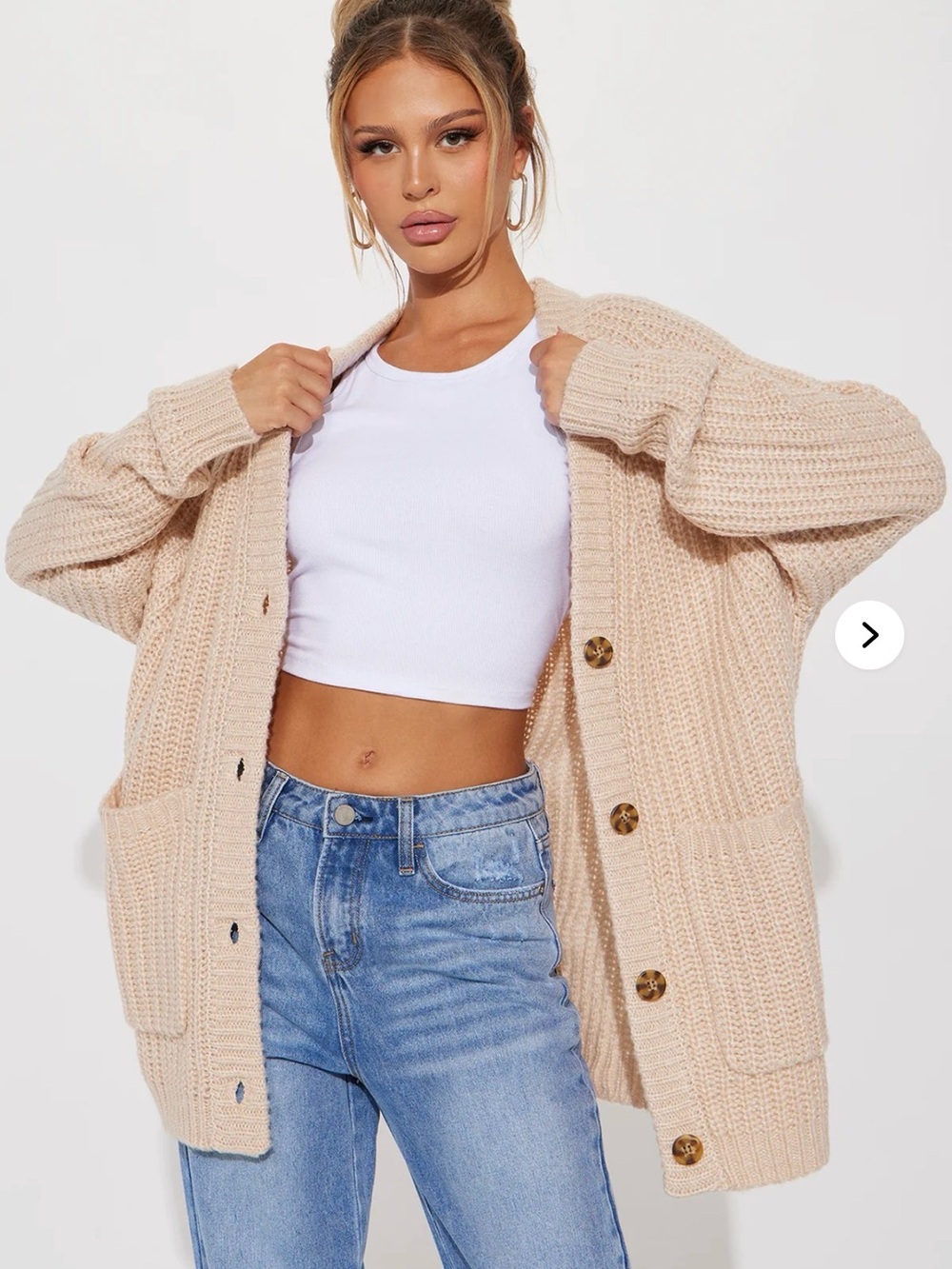 Fashion Nova Oversized Open-Knit Button Cardigan in Beige